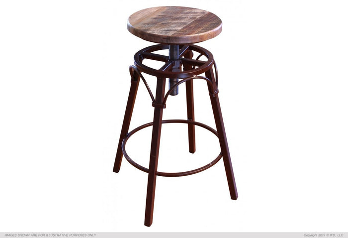 Antique Multicolor 24-30" Adjustable Swivel Stool, wooden seat, straight leg, iron base